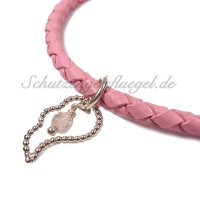 Lederarmband mit XS Flügel aus Silber, rosa mit Rosenquarzkugel